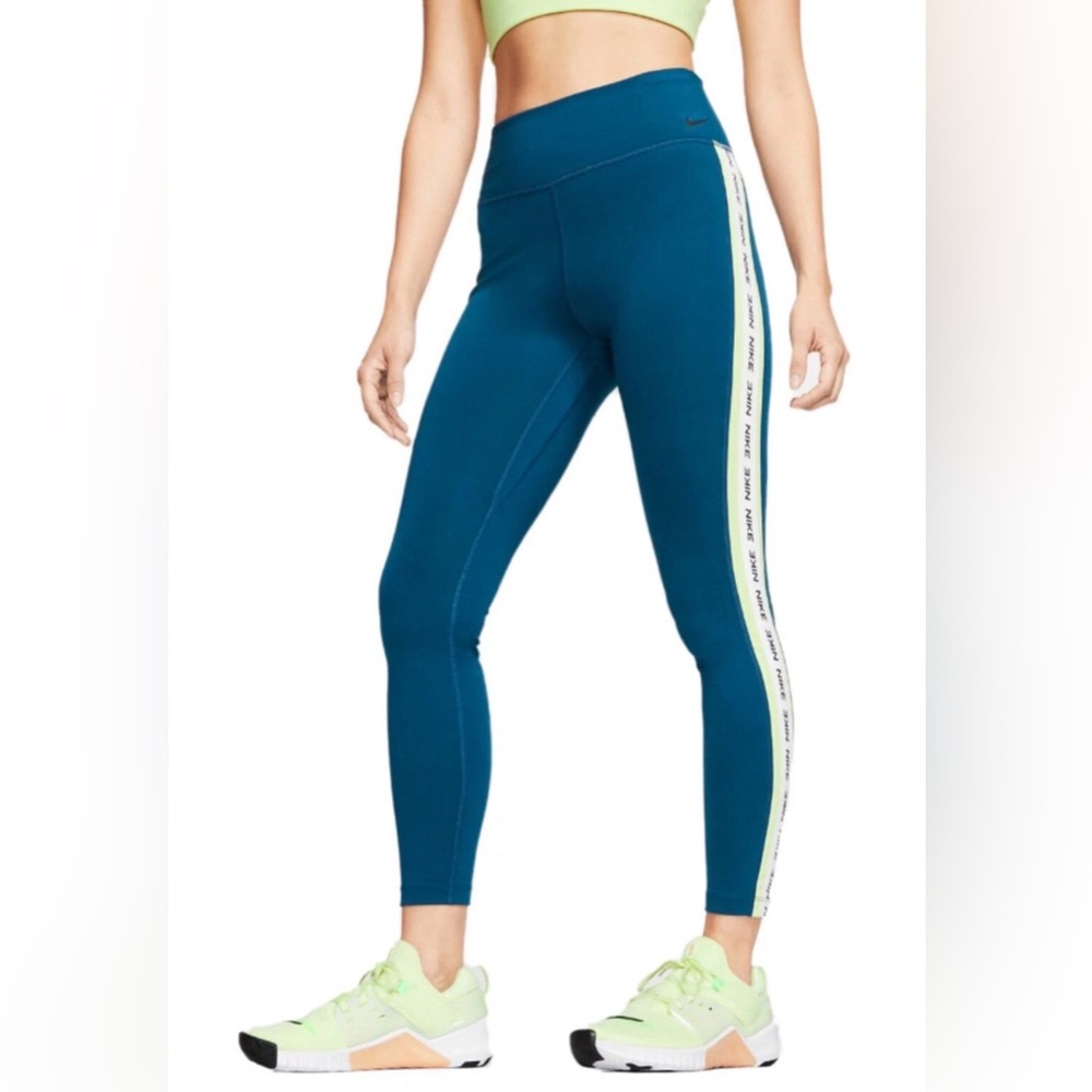 Nike 7/8 Ankle Leggings Side Logo - Valerian Blue/Lime (size small)